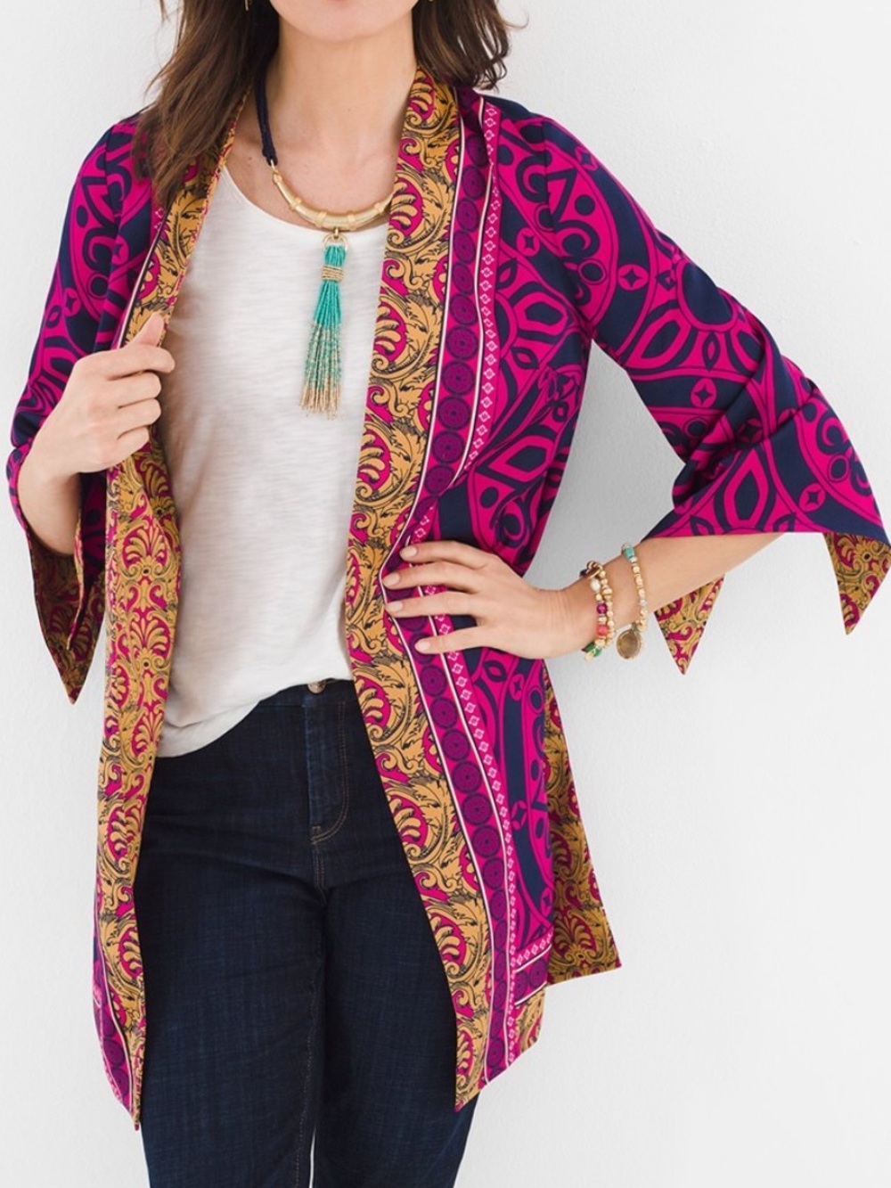 Chico's Reversible Open Front Jacket Blazer Size 3 / XL Floral Paisley Satin